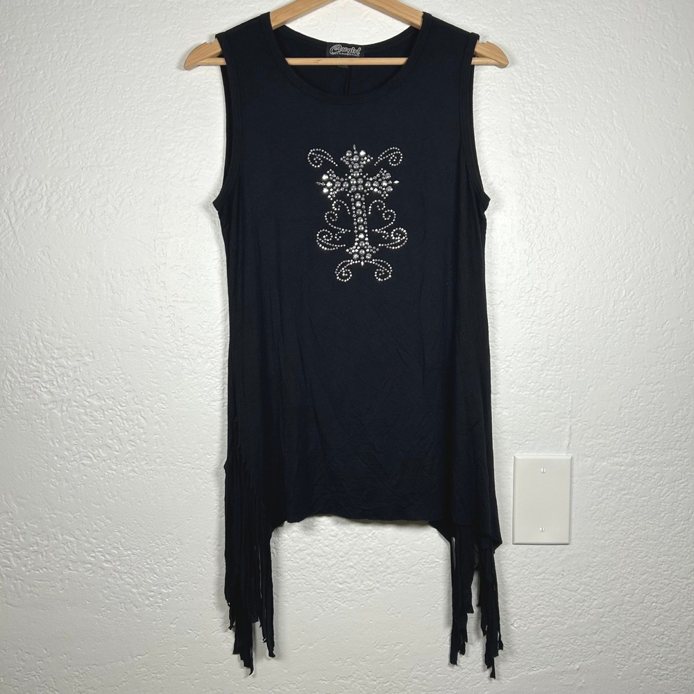 Cowgirl Hardware Tank Top Black Rhinestone Cross Fringe Hem Size M